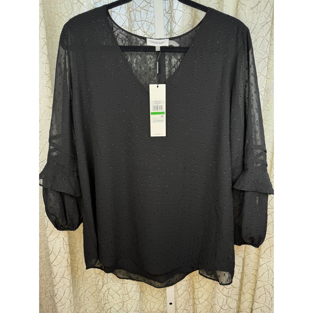 NWT Calvin Klein Black Swiss Dot Chiffon Blouse Women's Size Large
